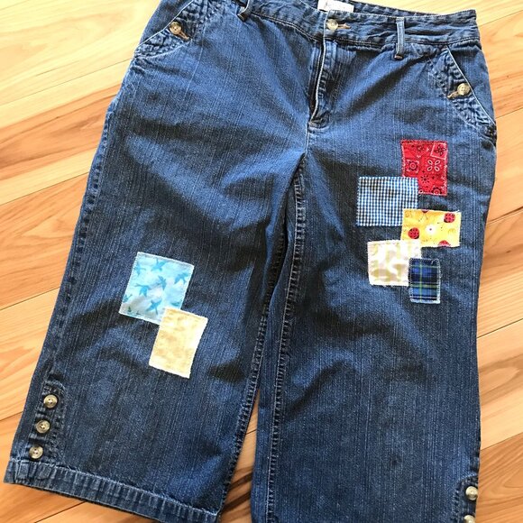 Patchwork Capris Jean Shorts: Upcycled Denim Spring Summer Picnic Pants, Size 8 - Picture 14 of 14